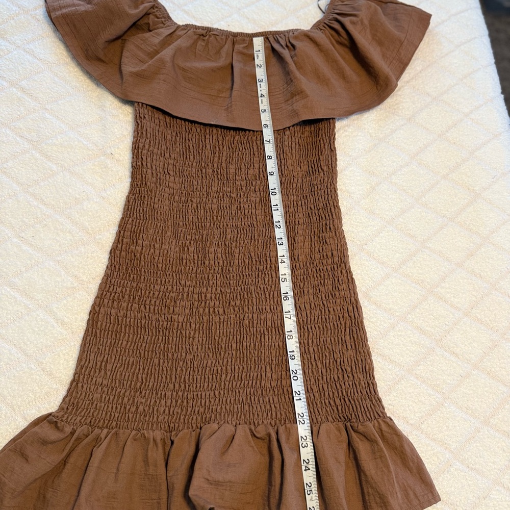 NWT by Anthropologie Brown Off the Shoulder Ruffle Mini Dress Bodycon XS - Picture 9 of 9